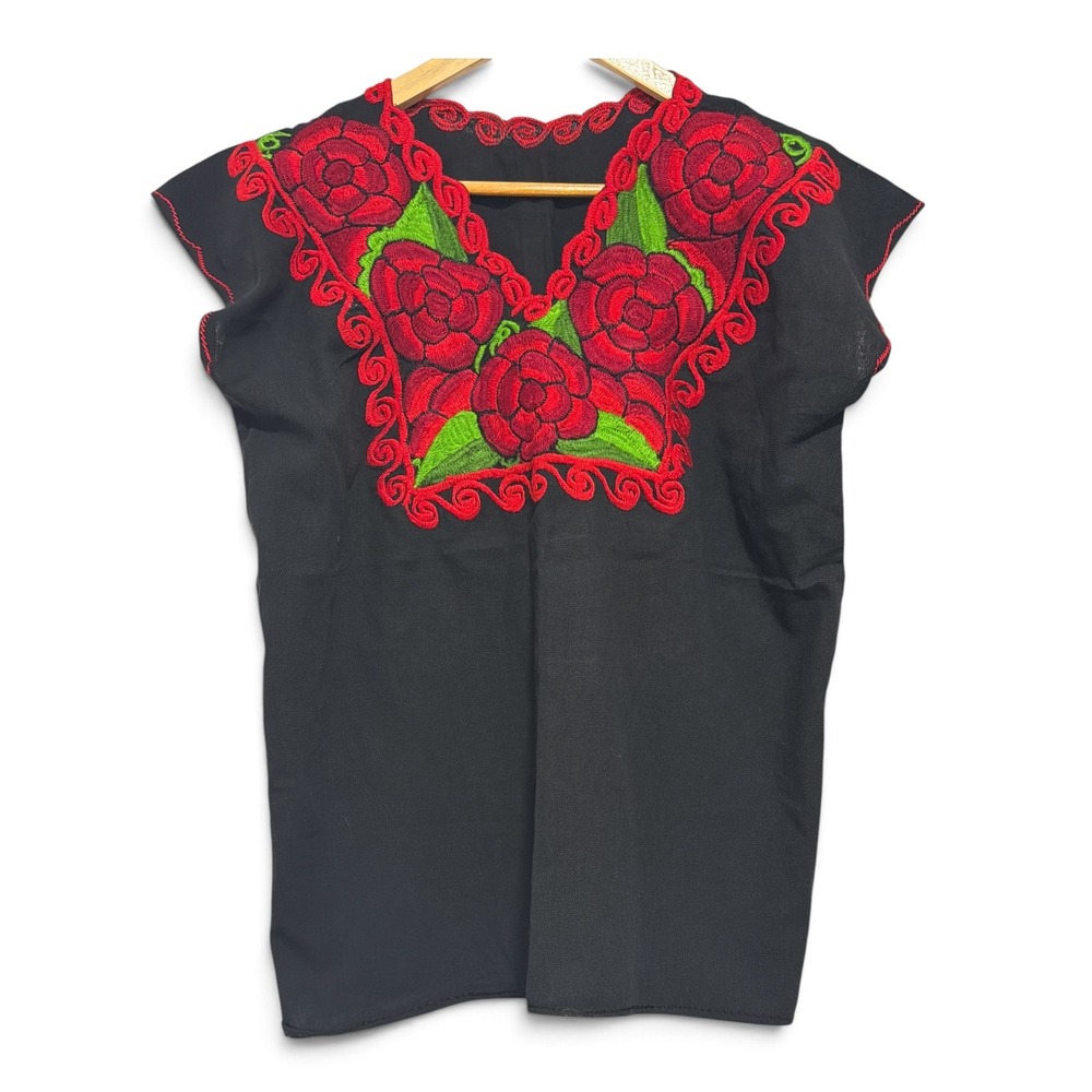 Vintage Mexican Artisanal Tunic Top Black Red Rose Embroidered Floral Boho Cap